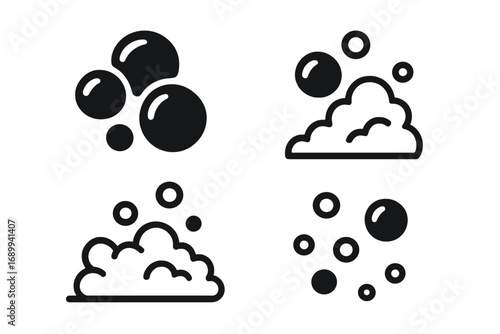 Soap bubble and foam icon set. Simple suds pictogram collection. Clean washing symbol. Fizzy water bubbles vector. Effervescent carbonated drink graphic illustration.
