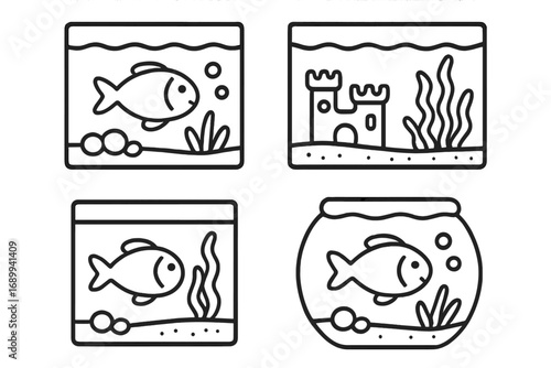 Aquarium line icon set. Simple fish tank and fishbowl outline vector collection. Minimalist cartoon illustration of aquatic pets with fish, seaweed, and castle decoration.
