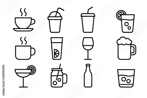 Beverage and drink line icon set. Vector outline symbols for web and graphic design. Coffee, tea, beer, wine, juice, cocktail, and soda glass for cafe or bar menu.