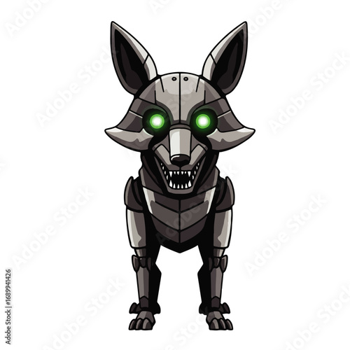 Robotic Fox Character with Glowing Green Eyes.