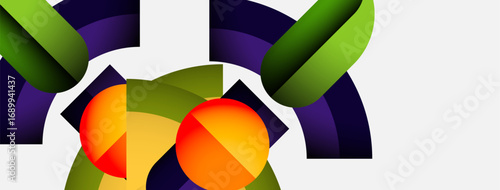 Abstract geometric shapes, vibrant colors, dynamic composition. Circles, arcs, triangles create modern visual impact. Clean design.