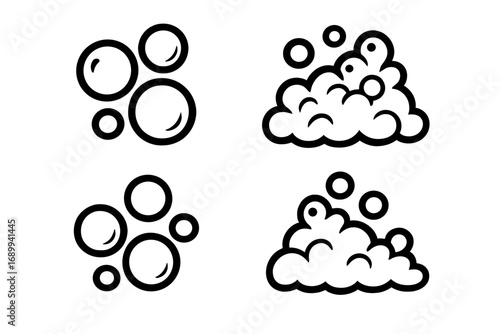 Soap bubble and foam line icon set. Vector pictogram for cleaning, washing, laundry. Simple black illustration of suds, fizz, effervescent water, carbonated drinks.