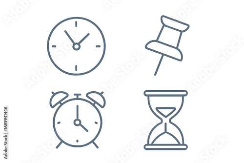 Time management icon set. Clock, alarm, hourglass, and pushpin reminder symbols. Vector line art illustration for web, apps, and graphics. Concept of deadline, schedule, and urgency.