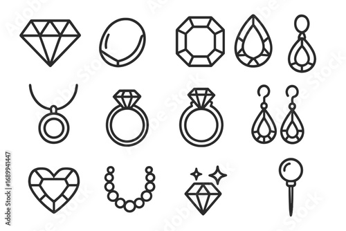 Jewelry thin line icon set. Diamond, gem, ring, earring, necklace outline signs. Vector gems and jewels symbols for graphic and web design, apps. Luxury accessory illustration.