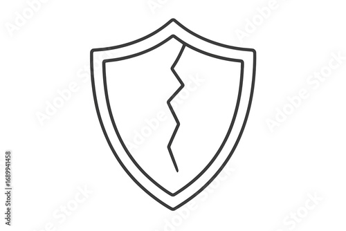 Broken shield line icon. Vulnerability and risk concept. Security failure, data breach metaphor. Unprotected, unsafe, weak defense symbol. Damaged protection pictogram. No safety.