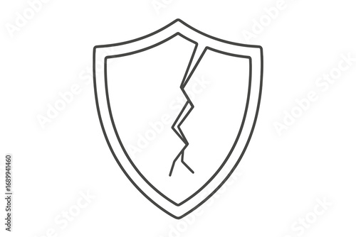 Broken shield linear icon. Concept of vulnerability, risk, failure, and danger. Cracked protection symbol. Data breach and weak defense metaphor. Insecure and unsafe. Vector.