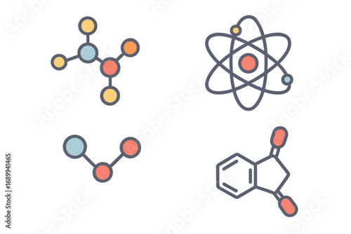 Chemistry and physics icons set. Vector flat illustration of atom, molecule, chemical compound, and atomic structure. Science concept with nucleus, electron, and molecular bond.