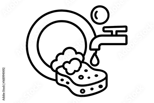 Dish washing line icon. Cleaning plate with a soapy sponge and foam in a kitchen sink. Water tap and bubbles. Household chore concept. Hygiene and cleanliness. Vector outline symbol.