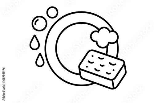 Dishwashing concept illustration. Washing a plate with a sponge, soap foam, and bubbles. Kitchen hygiene and household chores icon. Clean dishes vector outline graphic element.