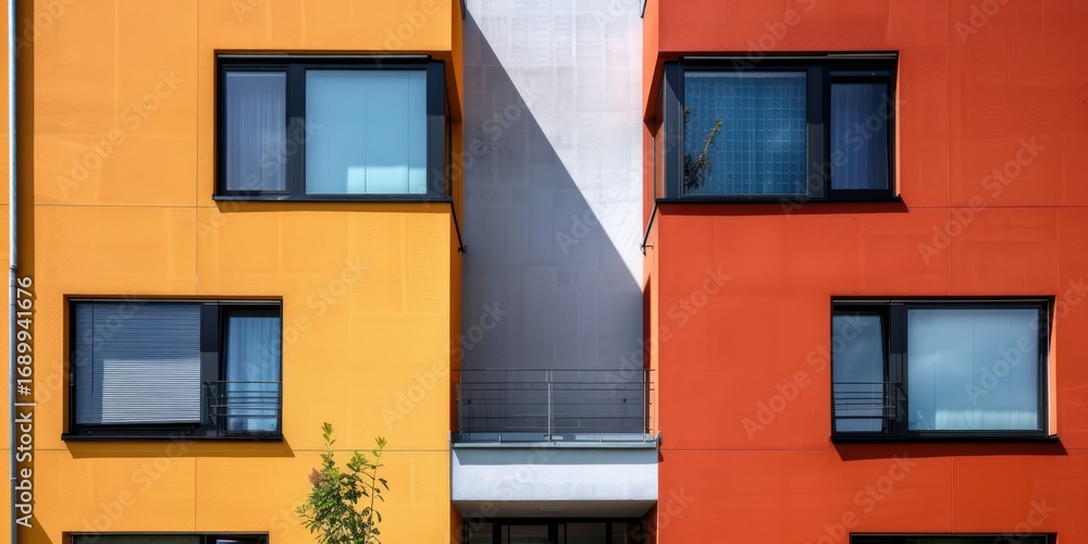 Fototapeta premium A colorful building facade with orange, yellow, and red panels, featuring a mix of geometric and angular shapes.