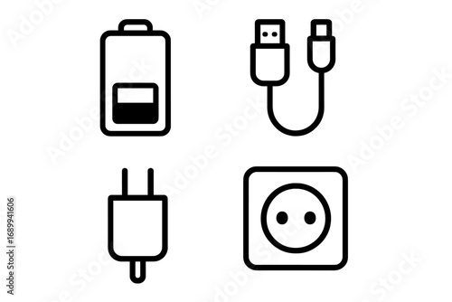 Charging icons set with battery, USB cable, wall adapter plug, and power outlet. Simple outline style symbols for UI UX design. Vector energy, electricity and technology concept.