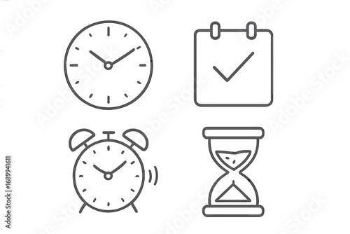 Time management icon set. Thin line vector symbols of clock, alarm, calendar and hourglass. Concept of schedule, deadline, appointment, reminder for web, app and graphics.