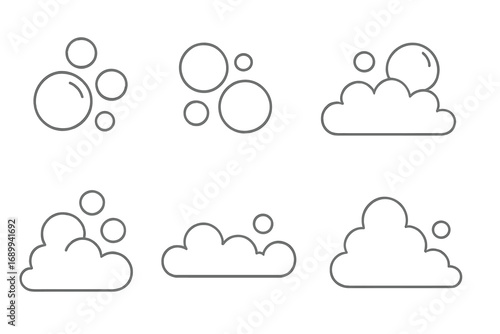 Bubble and foam thin line icon set. Soap suds, effervescent fizz, and water symbols. Vector illustration for cleaning, washing, and hygiene concepts. Minimalist outline design.