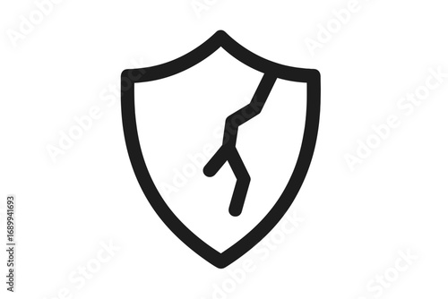 Cracked shield icon. Security breach, data protection failure concept. Vulnerability, risk, and danger symbol. Unsafe, broken guard. Cyber attack, virus, and hacking pictogram.