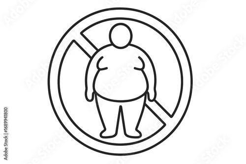 No fat people sign. Obesity and overweight icon. Forbidden symbol for plus size person. Stop body fat concept. Health risk, diet, and weight loss warning vector icon.