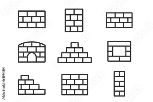 Brick wall line icon set. Building and construction vector symbols. Masonry, stonework, brickwork outline pictograms. Fence, stairs, pyramid, oven. For web, app design.
