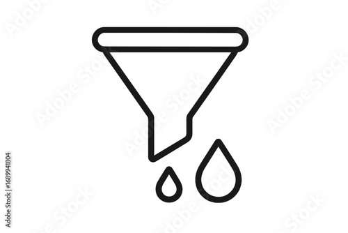 Broken filter outline icon. Leaking funnel with liquid drop. Concept of data loss, error, system failure, broken process, information leak, defect, sorting problem, analysis bug. Vector.