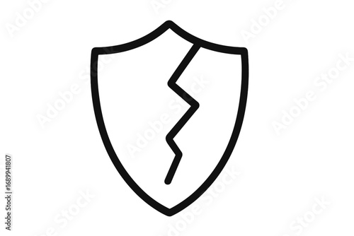 Cracked shield line icon. Concept of vulnerability, insecurity, data breach. Broken protection symbol. Security failure, risk, danger, defense down. Unsafe, unprotected vector.