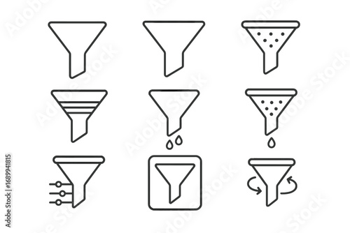 Filter and funnel line icon set. Vector collection for data sorting, analysis, and conversion. Thin line signs for web design, UI, UX, and marketing sales pipeline concept.