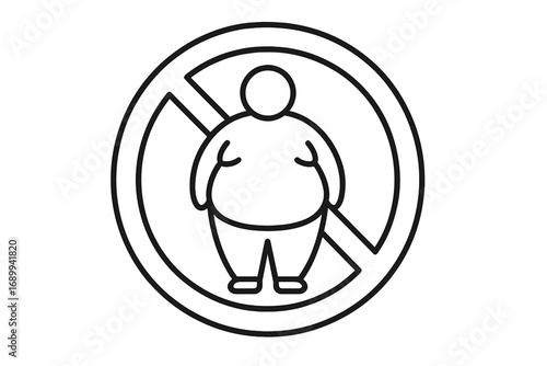 No fat people sign. Overweight person prohibited icon. Obesity forbidden symbol. Concept of weight limit, restriction, discrimination, body shaming, and unhealthy diet. Line art.
