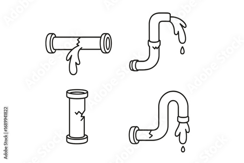 Broken pipe water leak icon set. Vector line art of damaged plumbing pipeline. Cartoon illustration of bursting and cracked pipes. Concept for repair, maintenance, emergency.