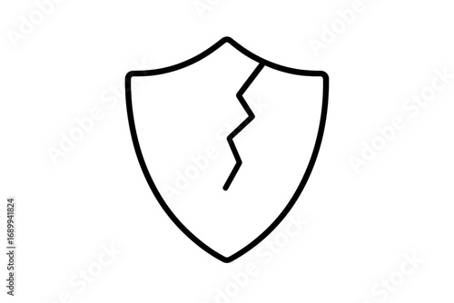 Cracked shield icon concept of broken protection and security. Vulnerable defense symbol. Metaphor for risk, failure, data breach, insecurity, and system attack. Vector line art.