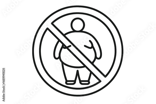 No fat people allowed vector sign. Obesity and overweight prohibited symbol. Unhealthy lifestyle warning icon. Concept of diet, weight loss, fat shaming, discrimination. Line art.