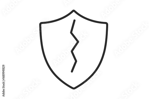 Cracked shield thin line icon. Broken protection, vulnerability, weakness concept. Security failure, data breach, cyber attack, risk, danger, error, damage, hacking metaphor.
