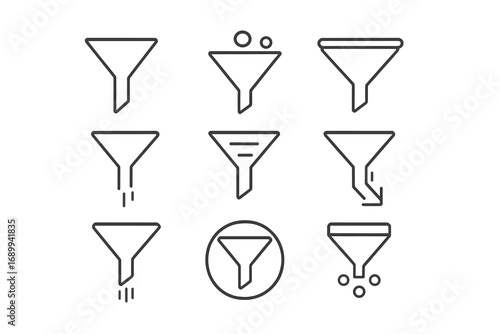 Filter and funnel thin line icon set. Vector collection of signs for data sorting, purification, web filtering. UI UX design elements for apps and websites. Sales funnel concept.