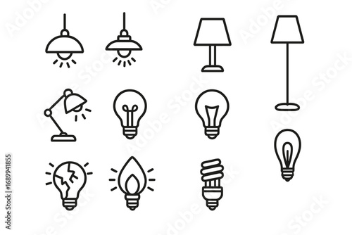 Light bulb and lamp line icon set. Lighting fixtures and electricity symbols for web design. Vector collection of outline icons for creative idea, innovation, and energy concepts.