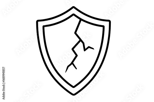 Cracked shield outline icon. Broken security and failed protection concept. Metaphor for vulnerability, risk, danger, and data breach. Unsafe, insecure symbol. Linear vector.