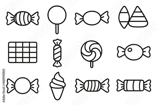 Candy and sweets outline icon collection. Simple line art vector set. Lollipop, chocolate bar, ice cream, bonbon, candy corn. Dessert, sugar, snack, junk food, Halloween concept.