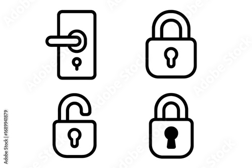 Lock line icon set. Door handle, open and closed padlock. Security, safety, privacy concept. Keyhole pictogram. Outline sign for web design, UI, UX, app. Vector illustration.