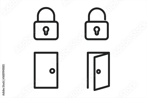 Lock and door line icon set. Open and closed padlock and entrance symbols. Vector graphic for security, access, privacy, and opportunity concepts. Simple outline pictogram.