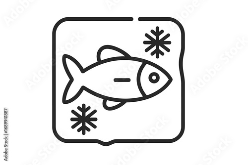 Frozen fish minimalistic icon. Seafood foodstuff pictogram for web and graphic design. Vector line art symbol for packaging, label, app, banner or supermarket product sign.