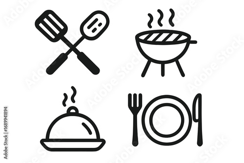 Cooking icon set for restaurant menu and food app. Vector line art symbols of barbecue grill, kitchen utensils, serving cloche, and plate with fork for dining concept.