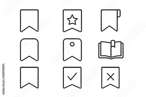 Bookmark line icon pack. Vector linear pictogram set for web and graphic design. Save, favorite, and read concepts. UI UX elements for apps, banners, social networks, cards.