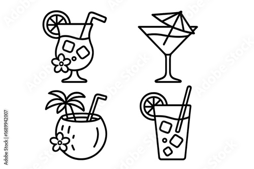 Tropical cocktail outline icon set for summer vacation. Beach party drink collection. Vector line art of coconut, martini, juice. Editable stroke for menu, web, infographics.