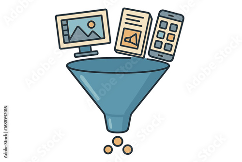 Sales funnel marketing concept. Digital content, ads and apps converting into money. Lead generation process. Vector illustration for business strategy, e-commerce, and profit.
