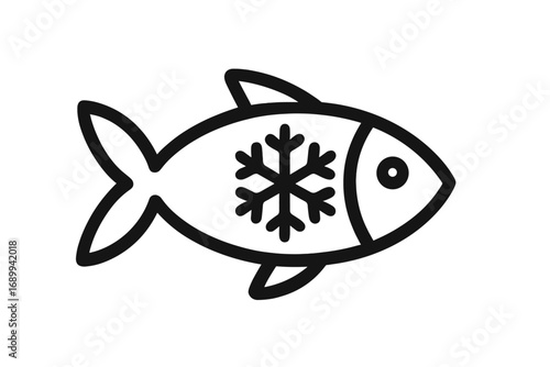 Frozen fish vector line icon. Seafood symbol with snowflake. Simple outline illustration for food packaging, grocery store label, restaurant menu or supermarket freezer sign.
