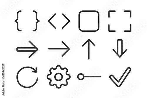 Programming code outline icon set. Web development, app design thin line symbols. Vector ui ux interface elements. Arrow, settings, refresh, check mark, focus bracket signs.
