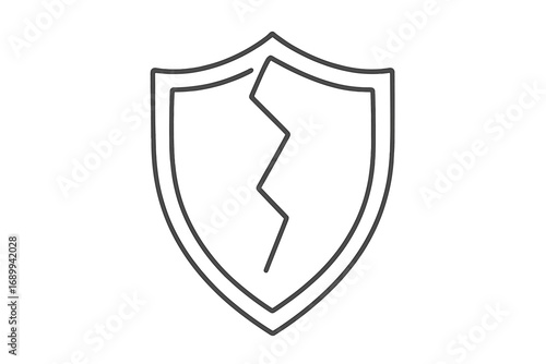 Cracked shield thin line icon. Broken security and lost protection concept. Symbol of vulnerability, danger, risk and data breach. Unsafe defense. Vector cartoon illustration.