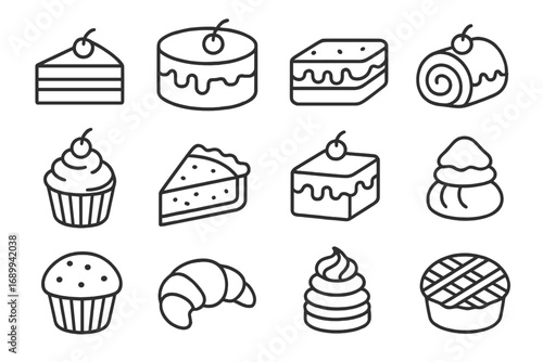 Cake and pastry icon set. Line art collection of sweet dessert food for bakery, patisserie, or menu. Vector outline illustration of cupcake, pie, croissant, muffin. Editable stroke.