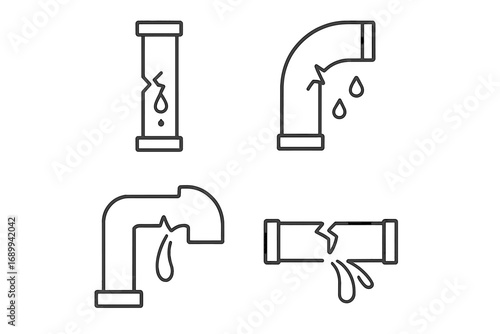 Broken pipe icon set with water leak and burst pipeline. Vector line pictogram for plumbing problems and damage concepts. Minimalist illustration for emergency repair and maintenance.