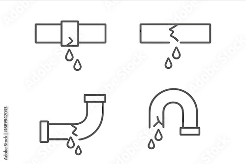 Broken pipes line icon set. Leaking water pipe, plumbing problem, burst pipeline concept. Vector illustration for damage, emergency, repair service. Dripping from a crack.