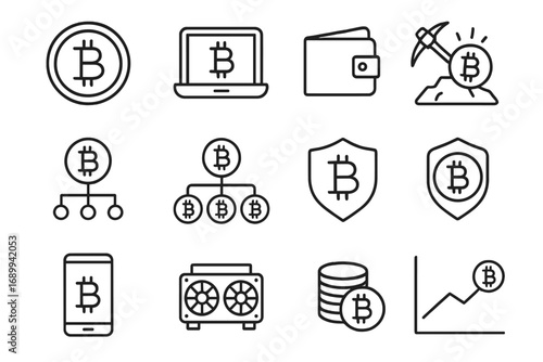 Bitcoin and cryptocurrency outline icon collection. Concepts of blockchain, digital money, finance, crypto mining, wallet, security, exchange, and investment. Vector pictograms.