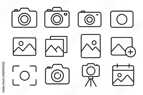 Photography line icon set. Camera, photo gallery, picture, and image symbols. Vector outline icons for website, app UI, and infographics. Editable stroke for easy customization.