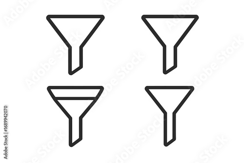 Sales funnel vector icon set. Marketing conversion pipeline symbol. Lead generation and data filtering linear outline graphic element for web, app, and infographic design.