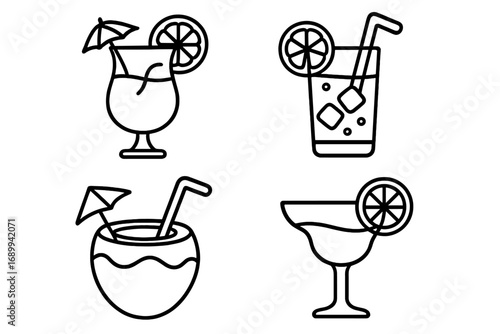 Summer cocktails line icon set. Tropical beach party drinks collection. Margarita, coconut, juice in glass. Vector outline illustrations with editable stroke for bar menu design.