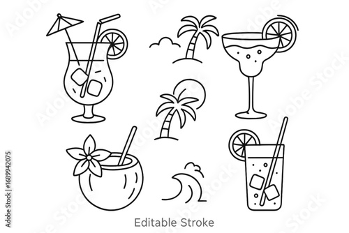 Beach cocktail line icon set for summer party. Tropical vacation drink collection. Vector illustration of margarita, coconut, palm tree, island, wave. Editable stroke.